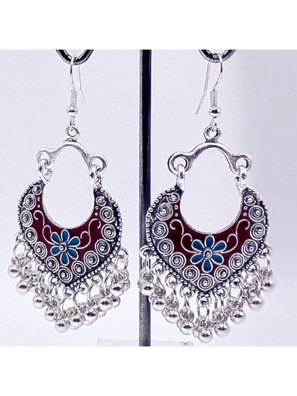 Burgundy Gypsy Style Dangle Earrings with Silver Balls